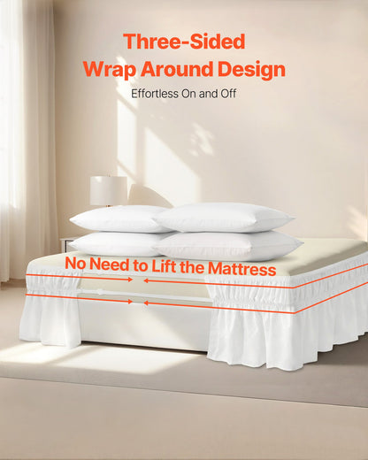 Wrap Around Bed Skirt, 15 in Drop, White Dust Ruffle Queen Size, Three Sides Adjustable Bedskirt with Easy Fit Elastic Strap, Wrinkle-Free & Fade-Resistant, Machine Washable, for Queen Size Bed