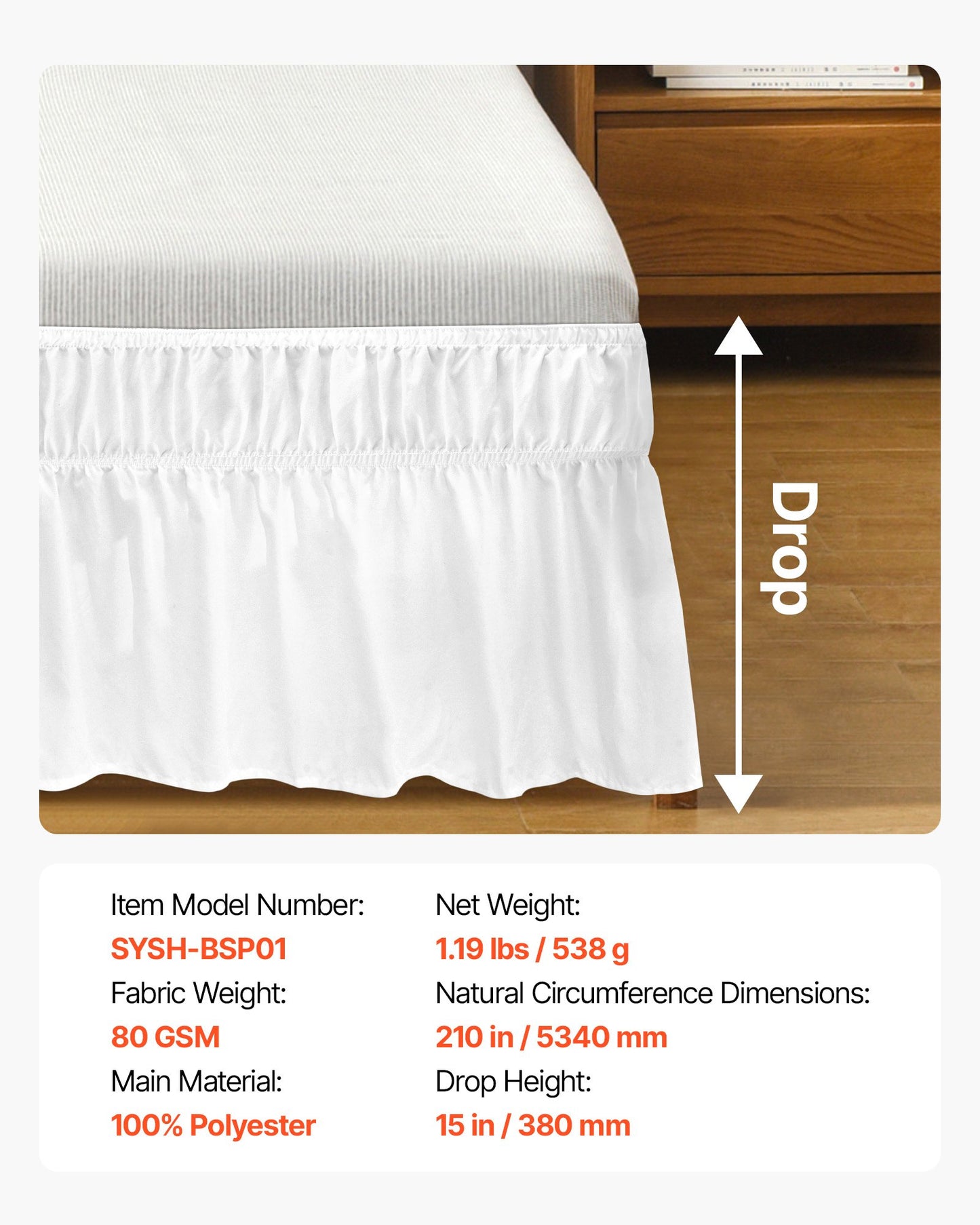 Wrap Around Bed Skirt, 15 in Drop, White Dust Ruffle Queen Size, Three Sides Adjustable Bedskirt with Easy Fit Elastic Strap, Wrinkle-Free & Fade-Resistant, Machine Washable, for Queen Size Bed