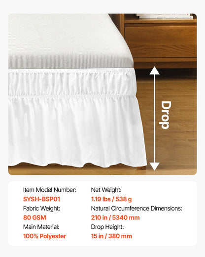 Wrap Around Bed Skirt, 15 in Drop, White Dust Ruffle Queen Size, Three Sides Adjustable Bedskirt with Easy Fit Elastic Strap, Wrinkle-Free & Fade-Resistant, Machine Washable, for Queen Size Bed