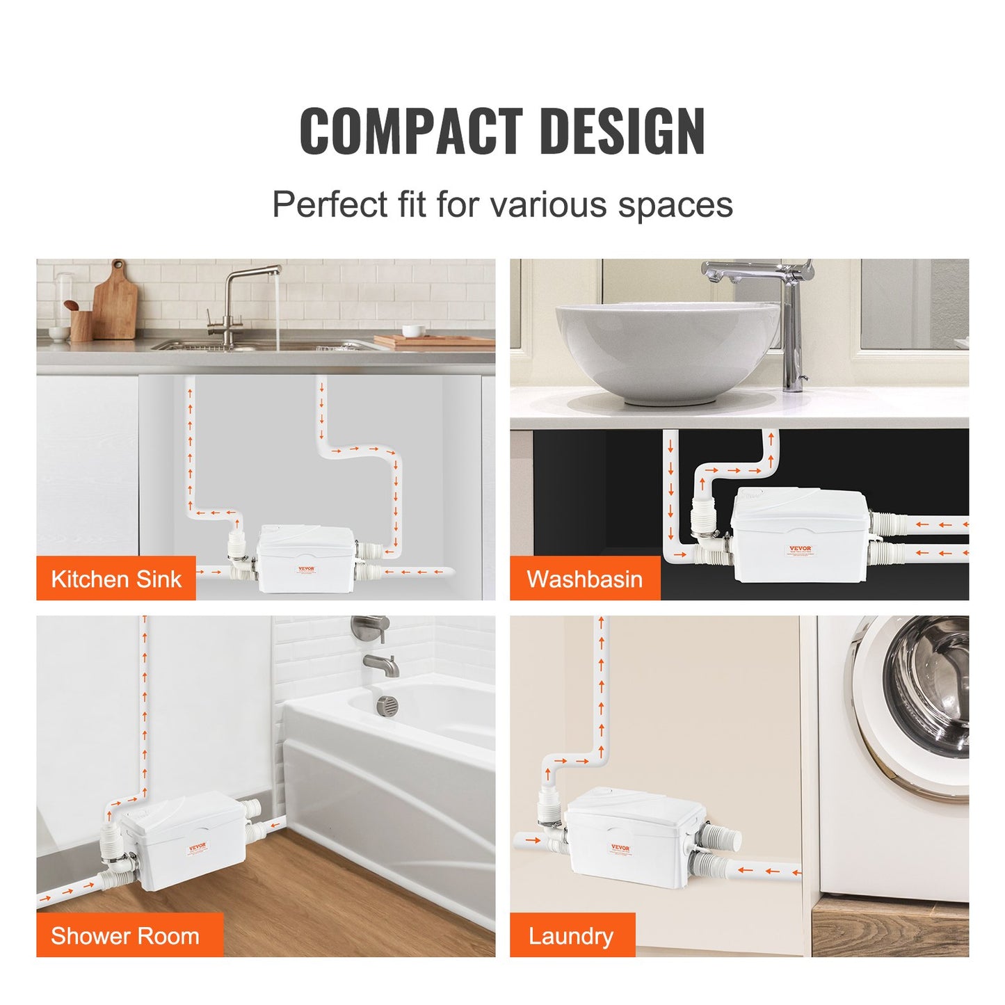 Macerator Avfallspump Källare Macerator Pump 350 W, 6000 L/h flöde, 7 M utloppshuvud, avloppspump med 3 vattenintag för källare, kök, handfat, dusch, badkar, tvätt avloppsvatten, diskmaskin