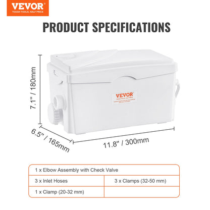 Macerator Avfallspump Källare Macerator Pump 350 W, 6000 L/h flöde, 7 M utloppshuvud, avloppspump med 3 vattenintag för källare, kök, handfat, dusch, badkar, tvätt avloppsvatten, diskmaskin