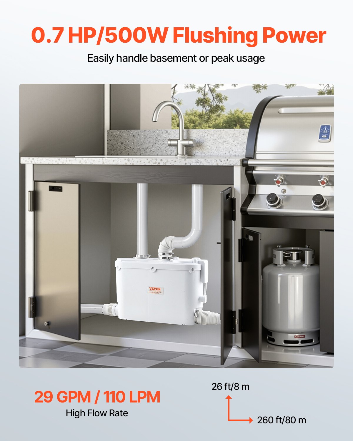Macerator Pump, 500W, 29 GPM Flow, 26 ft/8 m Head, Macerator Sewerage Toilet Pump with 4 Water Inlets, Waste Water Disposal Upflush Machine for Kitchen, Basement, Shower, Sink, Laundry, Bathtub