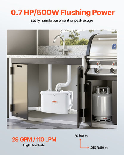 Macerator Pump, 500W, 29 GPM Flow, 26 ft/8 m Head, Macerator Sewerage Toilet Pump with 4 Water Inlets, Waste Water Disposal Upflush Machine for Kitchen, Basement, Shower, Sink, Laundry, Bathtub