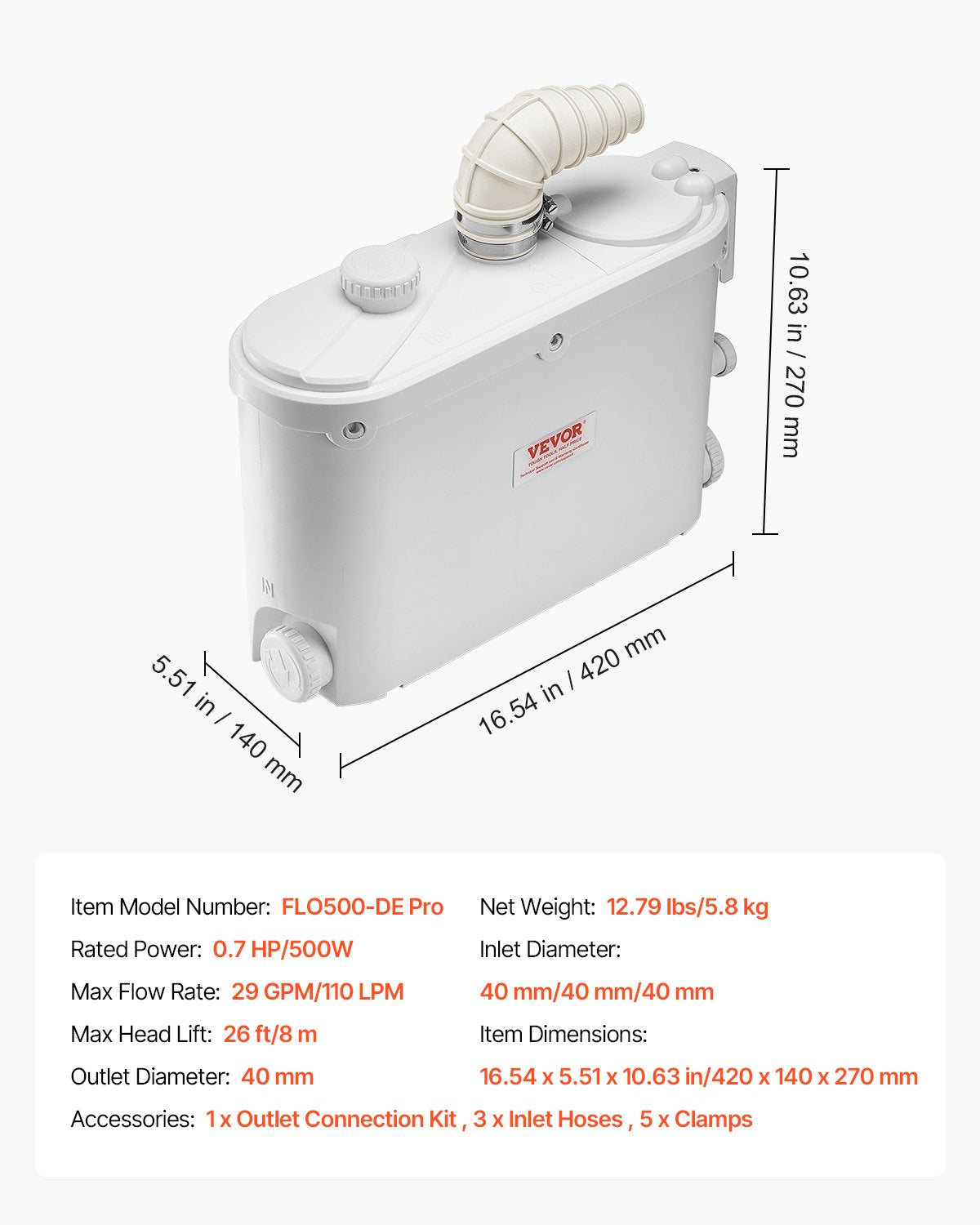 Macerator Pump, 500W, 29 GPM Flow, 26 ft/8 m Head, Macerator Sewerage Toilet Pump with 4 Water Inlets, Waste Water Disposal Upflush Machine for Kitchen, Basement, Shower, Sink, Laundry, Bathtub