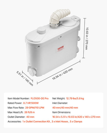 Macerator Pump, 500W, 29 GPM Flow, 26 ft/8 m Head, Macerator Sewerage Toilet Pump with 4 Water Inlets, Waste Water Disposal Upflush Machine for Kitchen, Basement, Shower, Sink, Laundry, Bathtub