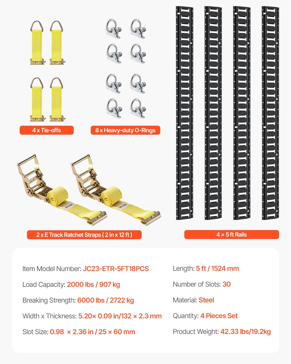 E Track Tie-Down Rail Kit, 18PCS 5' E-Tracks Set Includes 4 Steel Rails & 8 O-Ring Anchors & 4 Tie-Offs with D-Ring & 2 Ratchet Straps, Securing Accessories for Cargo Motorcycles Bikes, 2000 lbs