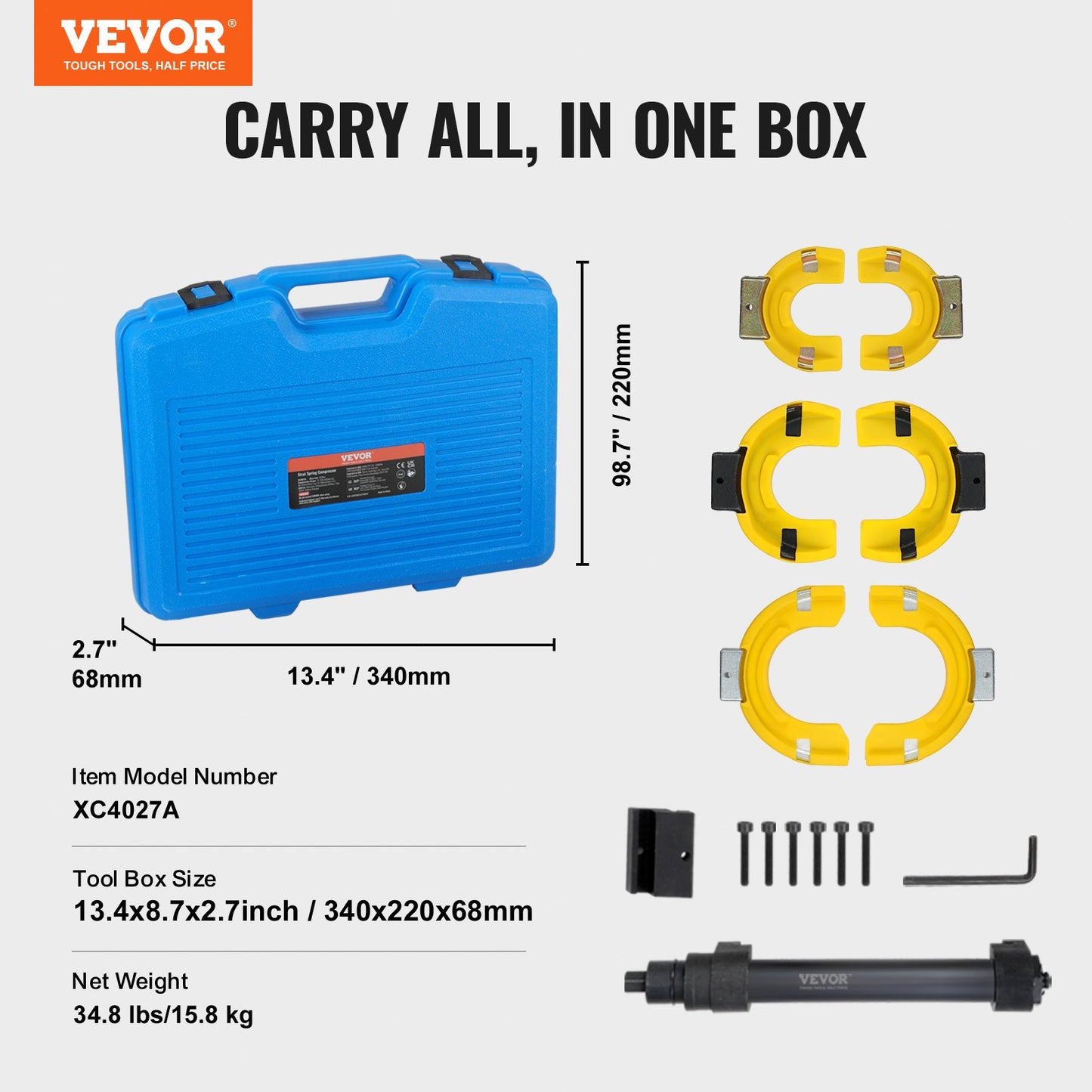 Strut Spring Compressor Set, Macpherson Strut Spring Compressor Kit, Interchangeable Fork Strut Coil Extractor Remover Tool, with Yellow Protective Sleeve and Carrying Case
