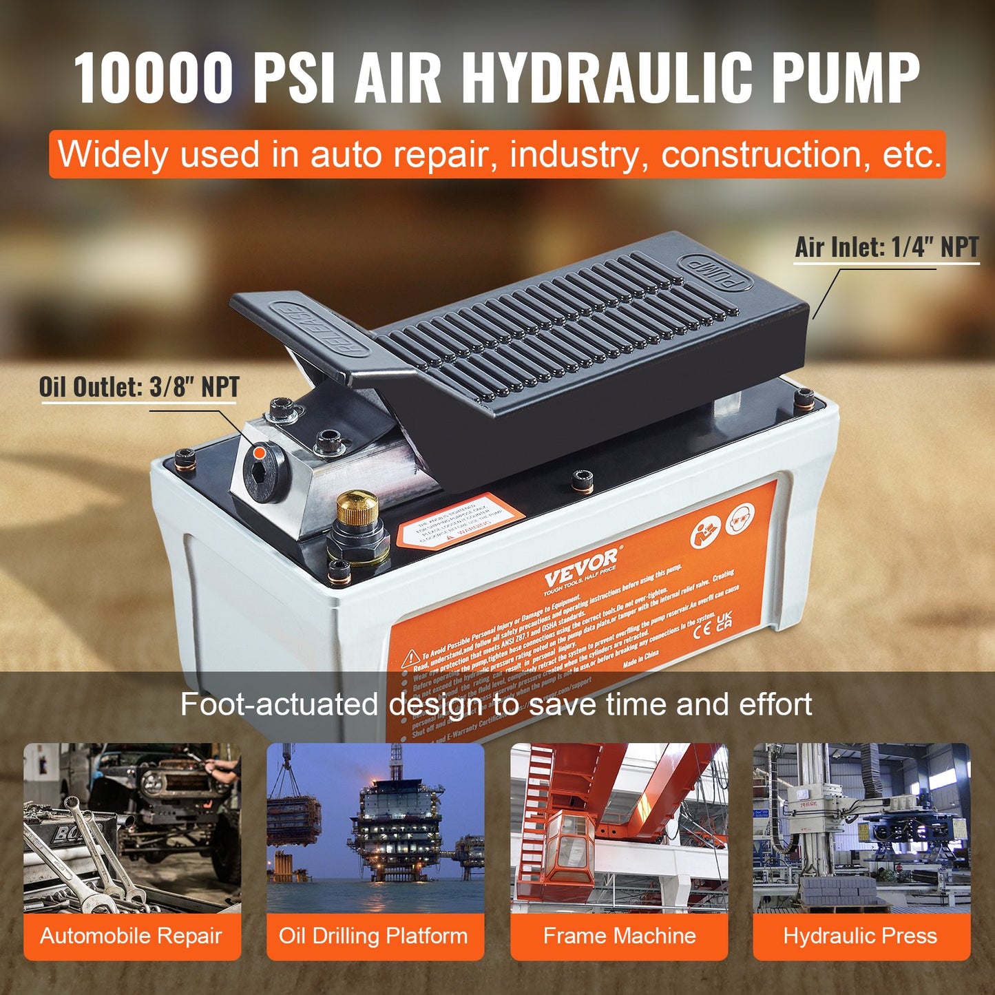 Air Hydraulic Pump, 10,000 PSI 1/2 Gal Reservoir, NPT 3/8" Oil Outlet, NPT 1/4" Inlet, 6.6 ft Pipe, Foot Actuated Hydraulic Pump Air Treadle for Auto Body Frame Machines and Pulling Post, Gray