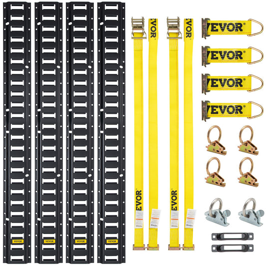 E Track Tie-Down Rail Kit, 18PCS 5FT E-Track Set includes 4 Steel Rails &amp; 2 Single Tracks &amp; 6 O-Rings &amp; 4 Fasteners with D-Ring &amp; 2 Latches, Cargo Motorcycle Securing Accessories