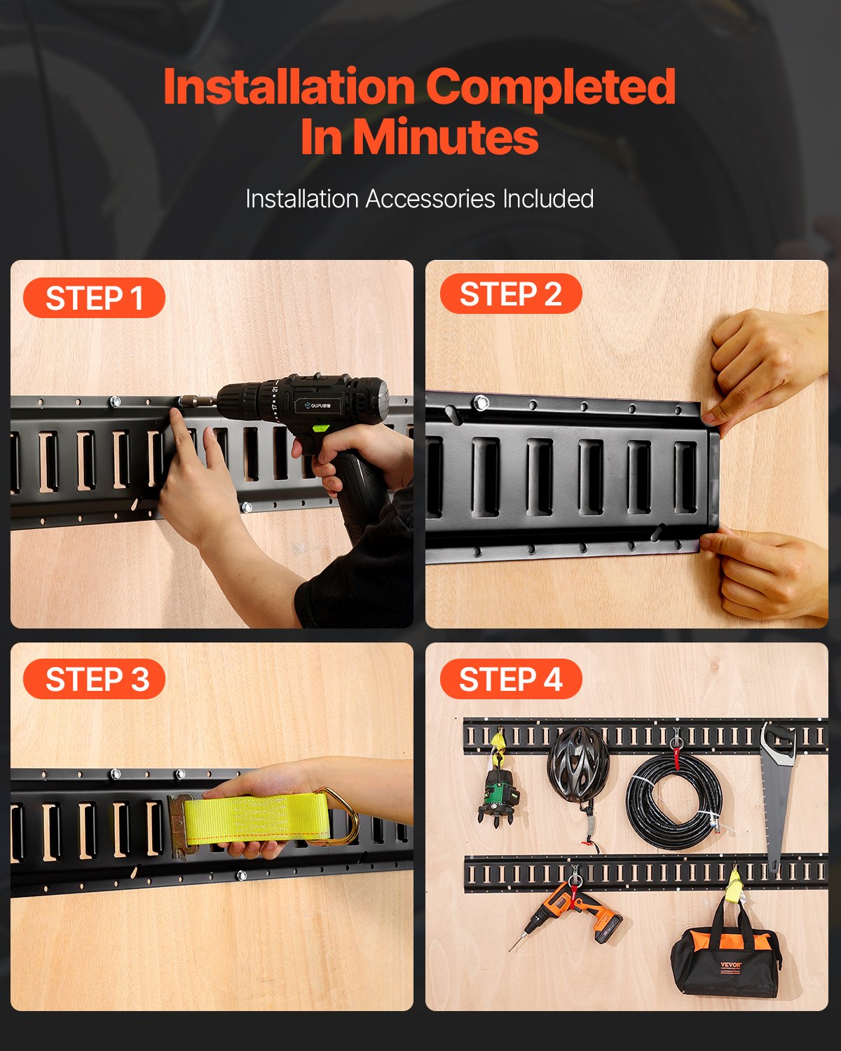 E Track Tie-Down Rail Kit, 30PCS 5FT E-Tracks Set Includes 4 Steel Rails & 2 Single Slot & 8 O Rings & 8 Tie-Offs with D-Ring & 8 End Caps, Securing Accessories for Cargo, Motorcycles, and Bikes