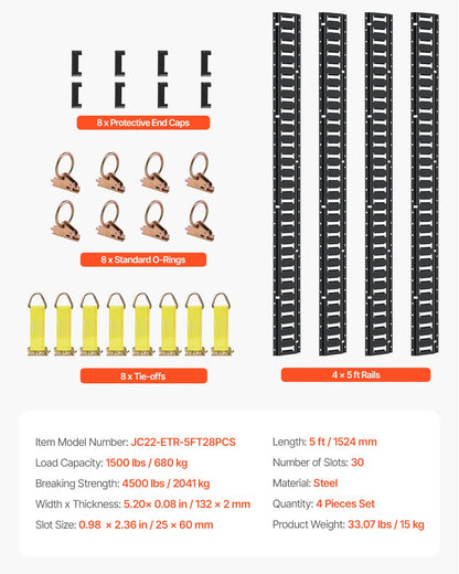 E Track Tie-Down Rail Kit, 30PCS 5FT E-Tracks Set Includes 4 Steel Rails & 2 Single Slot & 8 O Rings & 8 Tie-Offs with D-Ring & 8 End Caps, Securing Accessories for Cargo, Motorcycles, and Bikes