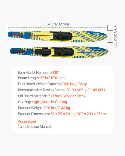 67" Water Skis, Adult Water Ski with X-9 Adjustable Horseshoe Bindings & Padded Rear Toe Plate, High-gloss UV Coating Waterskis Combo for Adults Up to 300 lbs