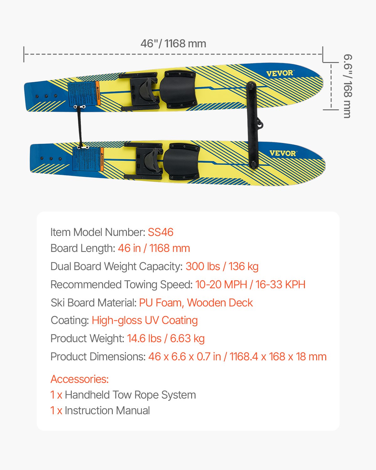46" Water Skis, Kids Water Ski Trainers with X-7 Adjustable Bindings, Double-Handle Rope & Removable Stabilizing Bar, Training Waterskis Combo for Kids Youth Up to 300 lbs