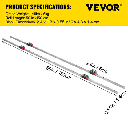 Linear Rail HSR15-1500mm? 2pcs Linear Guideway Rail?4X Square Type Carriage Bearing Blocks?Linear Rail Support for 15mm Slotted Bearings