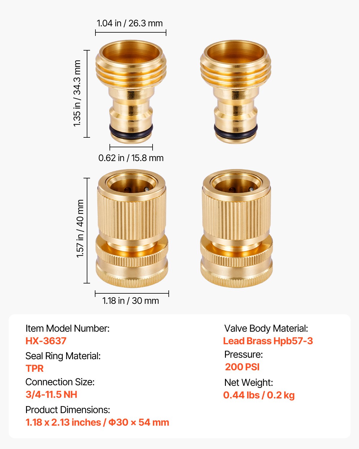 Garden Hose Quick Connect, 3/4 inch Male & Female, 200 PSI Heavy Duty Solid Brass Quick Connector, 2 Sets Garden Hose Fitting, No Leak Water Hoses Connectors with Gaskets