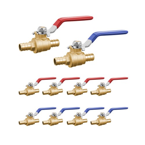 PEX Ball Valve, 10 Pieces, 1/2 in PEX Brass Ball Valve, PEX Full Port Brass Ball Valves, Quarter Turn Hot (Red) Cold (Blue) PEX Full Port Ball Valve, for Kitchen, Hydronic Heating, Bathroom