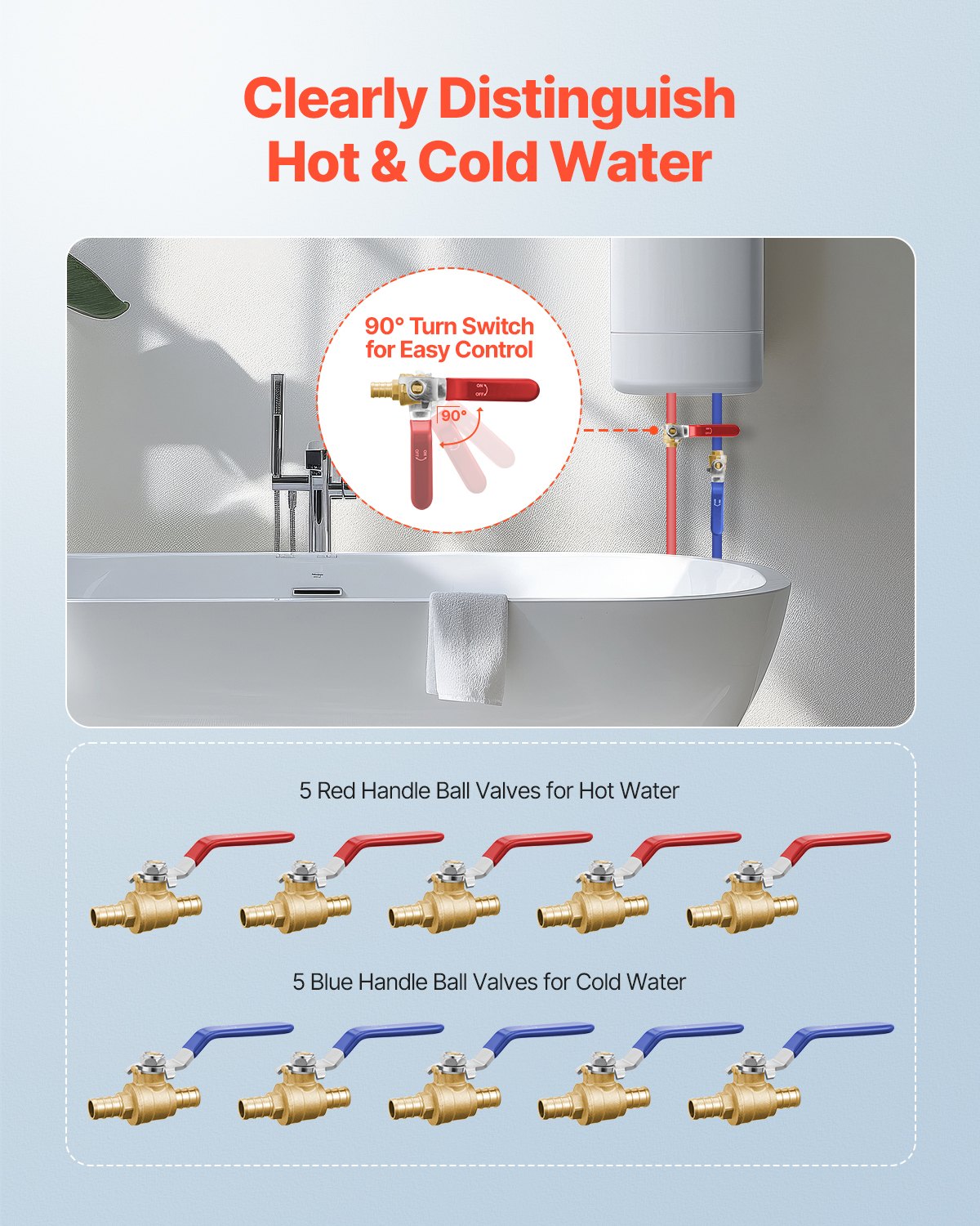 PEX Ball Valve, 10 Pieces, 1/2 in PEX Brass Ball Valve, PEX Full Port Brass Ball Valves, Quarter Turn Hot (Red) Cold (Blue) PEX Full Port Ball Valve, for Kitchen, Hydronic Heating, Bathroom