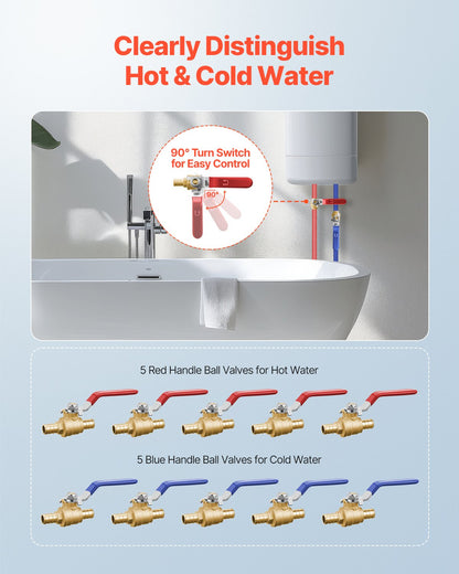 PEX Ball Valve, 10 Pieces, 1/2 in PEX Brass Ball Valve, PEX Full Port Brass Ball Valves, Quarter Turn Hot (Red) Cold (Blue) PEX Full Port Ball Valve, for Kitchen, Hydronic Heating, Bathroom