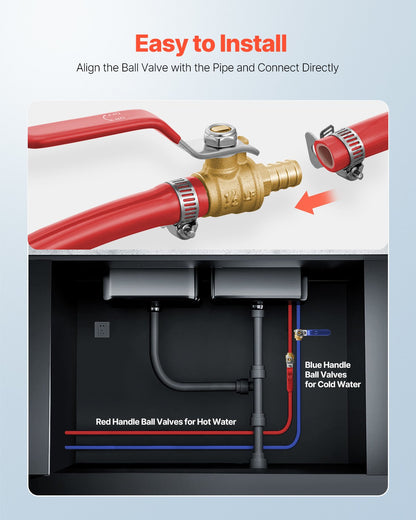 PEX Ball Valve, 10 Pieces, 1/2 in PEX Brass Ball Valve, PEX Full Port Brass Ball Valves, Quarter Turn Hot (Red) Cold (Blue) PEX Full Port Ball Valve, for Kitchen, Hydronic Heating, Bathroom