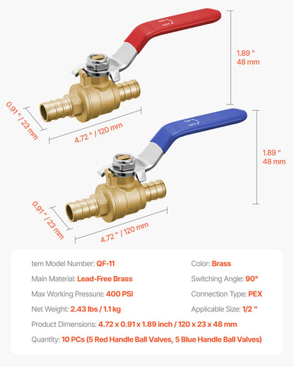 PEX Ball Valve, 10 Pieces, 1/2 in PEX Brass Ball Valve, PEX Full Port Brass Ball Valves, Quarter Turn Hot (Red) Cold (Blue) PEX Full Port Ball Valve, for Kitchen, Hydronic Heating, Bathroom