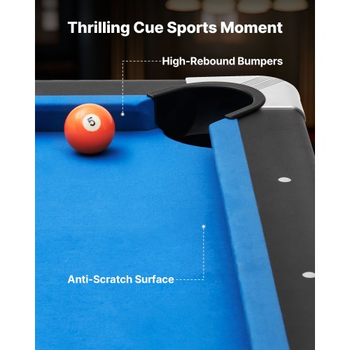 Biljardbord, 244 cm Bärbara Biljardbord med Träfinish, Modernt Justerbart Fötter Spelbord, Komplett Set Inkluderar Bollar, Biljetter, Ställ, Krita och Borste, Blått Tyg, För Familjebruk, Rekreationsrum |  EU