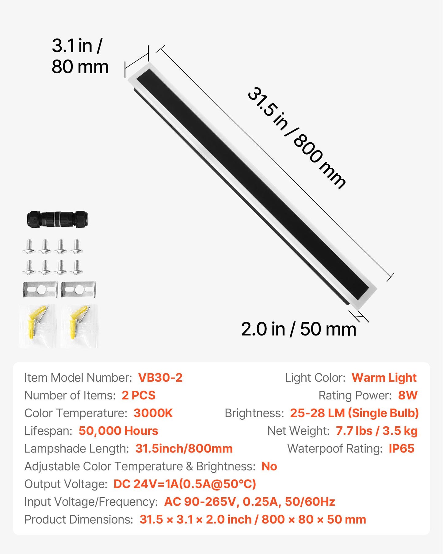 Outdoor Wall Lights, 2 Pack, 31.5 Inch Long Strip Modern Exterior Wall Sconce Light Fixtures, 3000K Warm White, IP65 Waterproof Anti-Rust Outside Wall Mount Lighting, for House, Porch, Garage