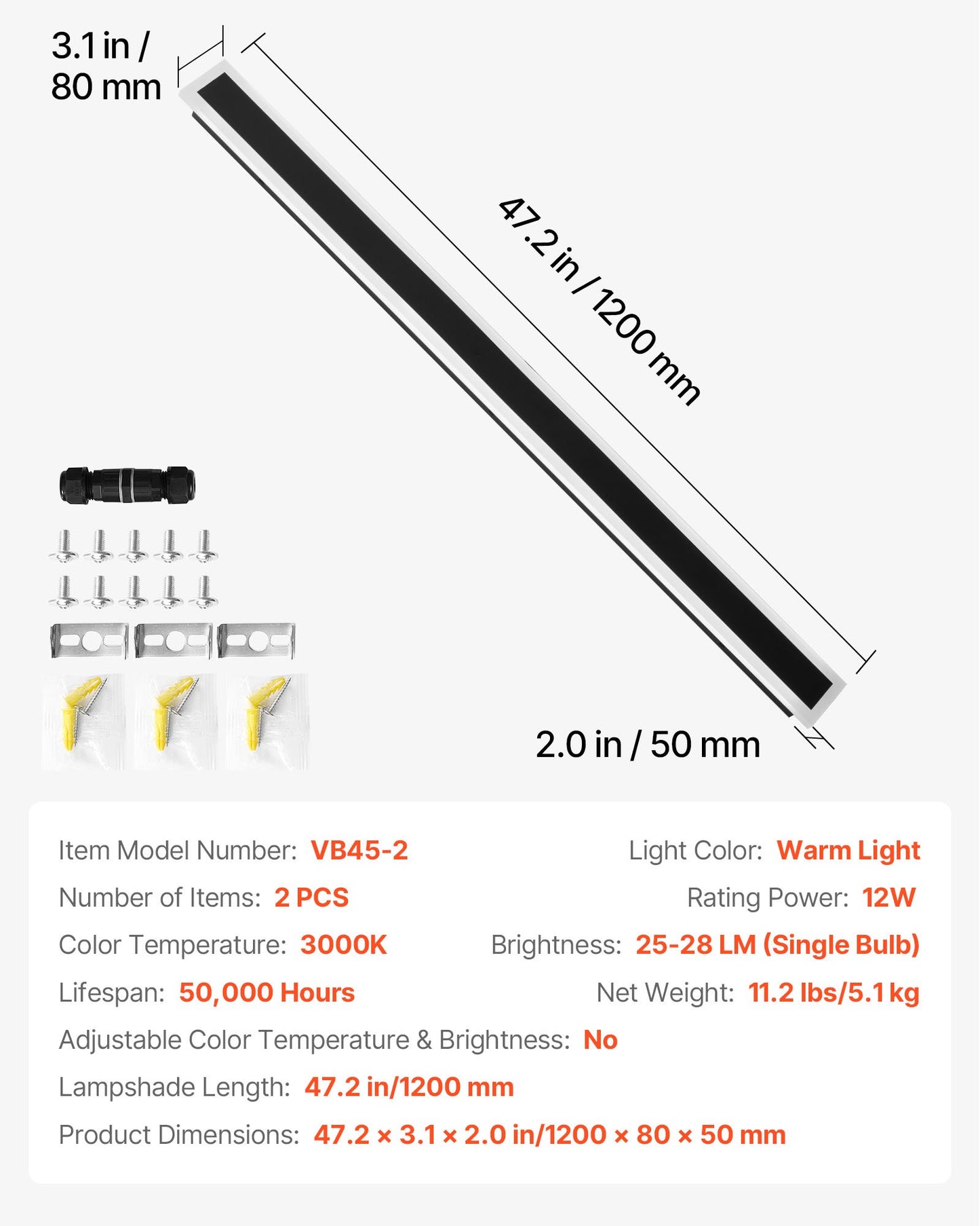 Outdoor Wall Lights, 2 Pack, 47.2 Inch Long Strip Modern Exterior Wall Sconce Light Fixtures, 3000K Warm White, IP65 Waterproof Anti-Rust Outside Wall Mount Lighting, for House, Porch, Garage