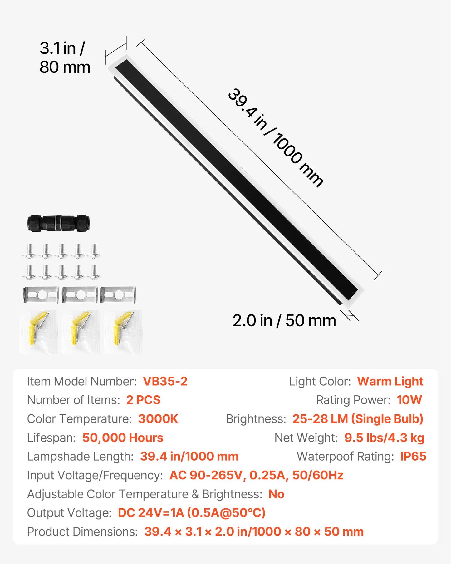 Outdoor Wall Lights, 2 Pack, 39.4 Inch Long Strip Modern Exterior Wall Sconce Light Fixtures, 3000K Warm White, IP65 Waterproof Anti-Rust Outside Wall Mount Lighting, for House, Porch, Garage