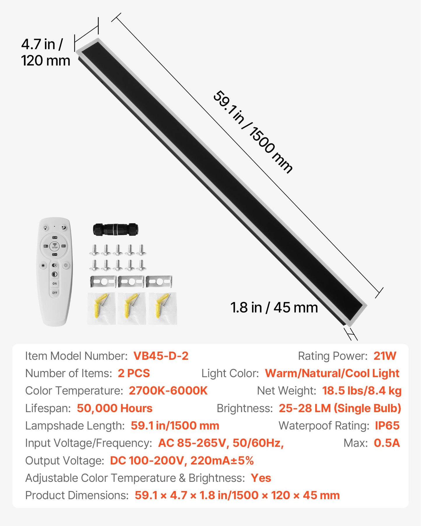 Outdoor Wall Lights, 2 Pack, 59.1 Inch Long Strip Modern Exterior Wall Sconce Light Fixtures, 2700K-6000K, IP65 Waterproof Anti-Rust, Dimmable Outside Wall Mount Lighting, for House Porch Garage