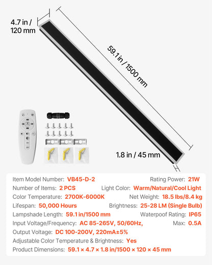 Outdoor Wall Lights, 2 Pack, 59.1 Inch Long Strip Modern Exterior Wall Sconce Light Fixtures, 2700K-6000K, IP65 Waterproof Anti-Rust, Dimmable Outside Wall Mount Lighting, for House Porch Garage