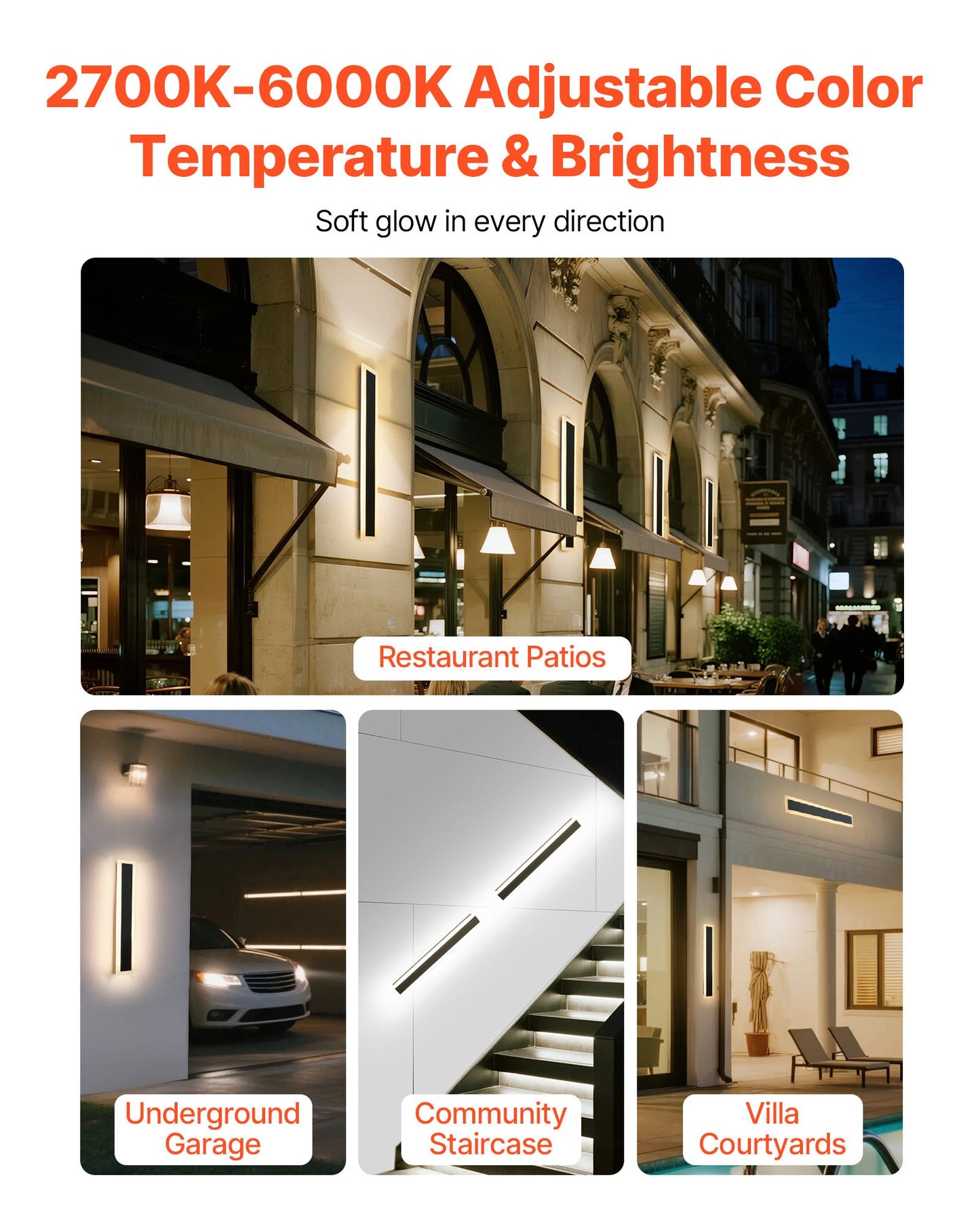 Outdoor Wall Lights, 2 Pack, 23.6 Inch Long Strip Modern Exterior Wall Sconce Light Fixtures, 2700K-6000K, IP65 Waterproof Anti-Rust, Dimmable Outside Wall Mount Lighting, for House Porch Garage