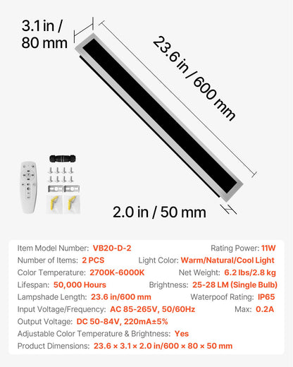 Outdoor Wall Lights, 2 Pack, 23.6 Inch Long Strip Modern Exterior Wall Sconce Light Fixtures, 2700K-6000K, IP65 Waterproof Anti-Rust, Dimmable Outside Wall Mount Lighting, for House Porch Garage