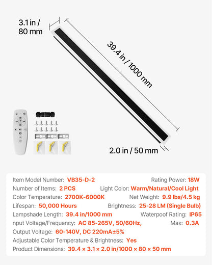 Outdoor Wall Lights, 2 Pack, 39.4 Inch Long Strip Modern Exterior Wall Sconce Light Fixtures, 2700K-6000K, IP65 Waterproof Anti-Rust, Dimmable Outside Wall Mount Lighting, for House Porch Garage