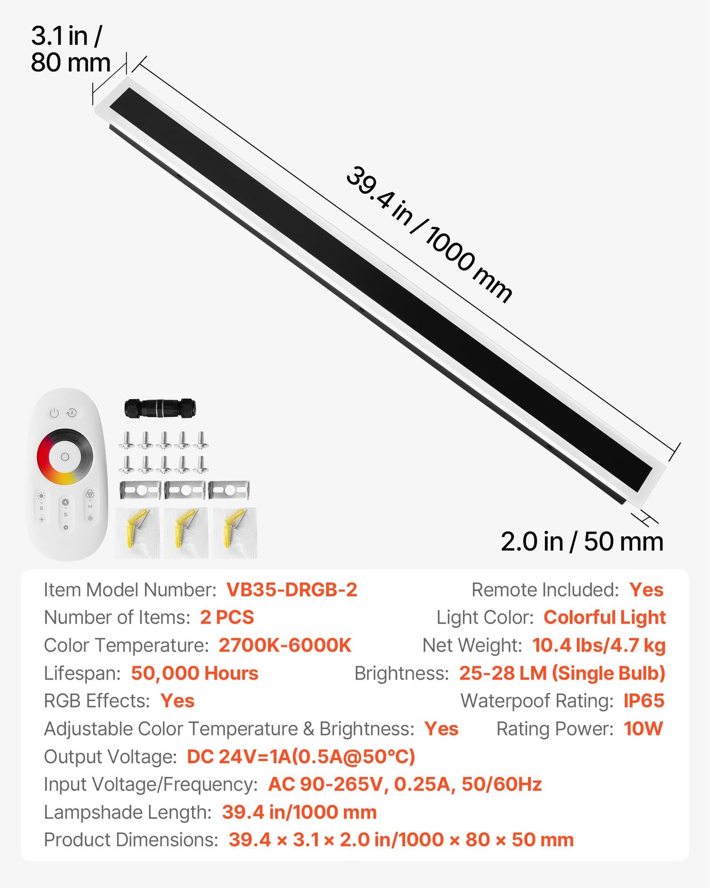 Outdoor Wall Lights, 2 Pack, 39.4 Inch Long RGB Modern Exterior Wall Sconce Light Fixtures, 2700K-6000K, IP65 Waterproof Anti-Rust, Dimmable Outside Wall Mount Lighting, for House Porch Garage