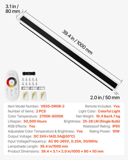 Outdoor Wall Lights, 2 Pack, 39.4 Inch Long RGB Modern Exterior Wall Sconce Light Fixtures, 2700K-6000K, IP65 Waterproof Anti-Rust, Dimmable Outside Wall Mount Lighting, for House Porch Garage