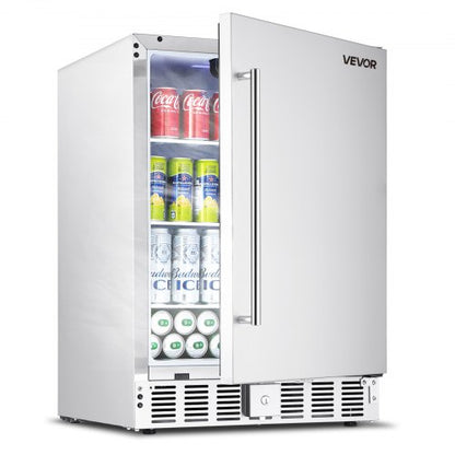 24-Inch Indoor/Outdoor Beverage Refrigerator, 150 QT Freestanding or Undercounter Beverage Fridge, 180 Cans Built-in Beer Fridge with Stainless Steel Body for Residential Home Bar Commercial Use