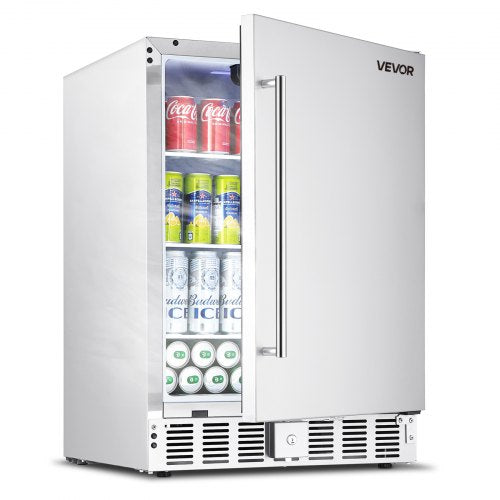 24-Inch Indoor/Outdoor Beverage Refrigerator, 150 QT Freestanding or Undercounter Beverage Fridge, 180 Cans Built-in Beer Fridge with Stainless Steel Body for Residential Home Bar Commercial Use