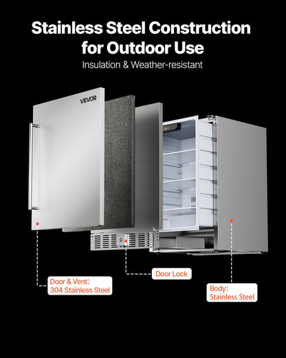 24-Inch Indoor/Outdoor Beverage Refrigerator, 150 QT Freestanding or Undercounter Beverage Fridge, 180 Cans Built-in Beer Fridge with Stainless Steel Body for Residential Home Bar Commercial Use