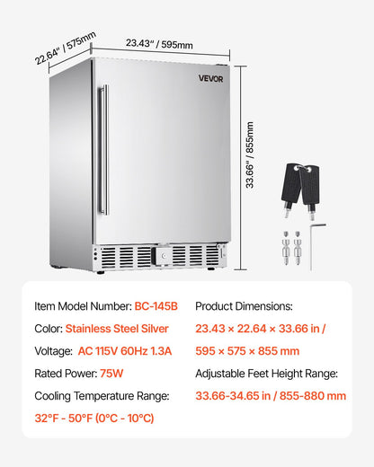 24-Inch Indoor/Outdoor Beverage Refrigerator, 150 QT Freestanding or Undercounter Beverage Fridge, 180 Cans Built-in Beer Fridge with Stainless Steel Body for Residential Home Bar Commercial Use