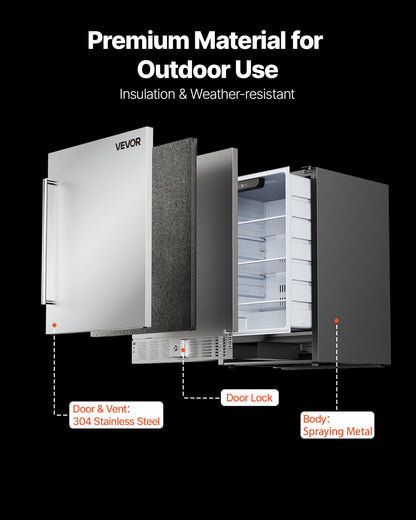 24-Inch Indoor/Outdoor Beverage Refrigerator, 150 QT Freestanding or Undercounter Beverage Fridge, 180 Cans Built-in Beer Fridge with Metal Plate Body for Residential Home Bar Commercial Use
