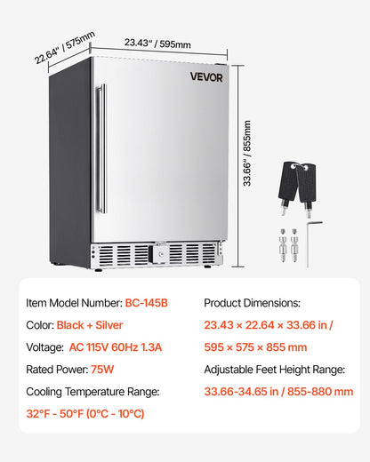 24-Inch Indoor/Outdoor Beverage Refrigerator, 150 QT Freestanding or Undercounter Beverage Fridge, 180 Cans Built-in Beer Fridge with Metal Plate Body for Residential Home Bar Commercial Use