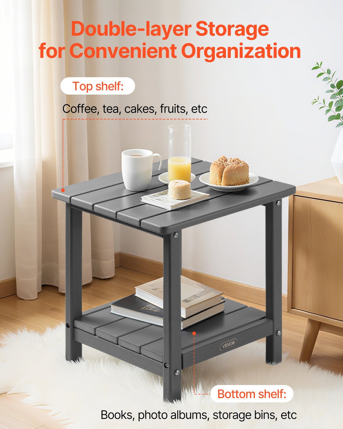 Outdoor Side Table, 17.72W x 14.96D x 17.32H Inch, Double Layer HDPE Outside End Table for Easy Maintenance, Withstand Harsh Weather, Fit for Patio, Pool, Beach, Porch, Indoor, Backyard, Grey