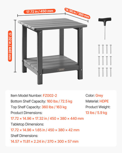 Outdoor Side Table, 17.72W x 14.96D x 17.32H Inch, Double Layer HDPE Outside End Table for Easy Maintenance, Withstand Harsh Weather, Fit for Patio, Pool, Beach, Porch, Indoor, Backyard, Grey