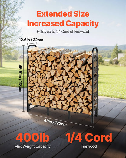 Firewood Rack with Waterproof Cover, 4 ft Outdoor Firewood Holder, 1/4 Cord Storage Metal Log Holder, 400lb Max Weight Capacity, Full Covered, Powder-Coated Wood Storage Rack for Fireplace Deck