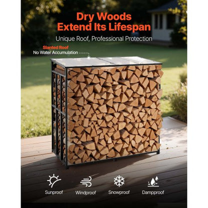 Vedställ med sluttande tak, 143 cm vedhållare för utomhusbruk, vedskjul med 1/4-snöre, maxvikt 299 kg, pulverlackerat vedställ i metall för öppen spis, altan, trädgård |  EU