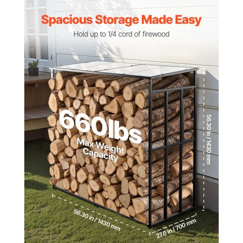 Vedställ med sluttande tak, 143 cm vedhållare för utomhusbruk, vedskjul med 1/4-snöre, maxvikt 299 kg, pulverlackerat vedställ i metall för öppen spis, altan, trädgård |  EU