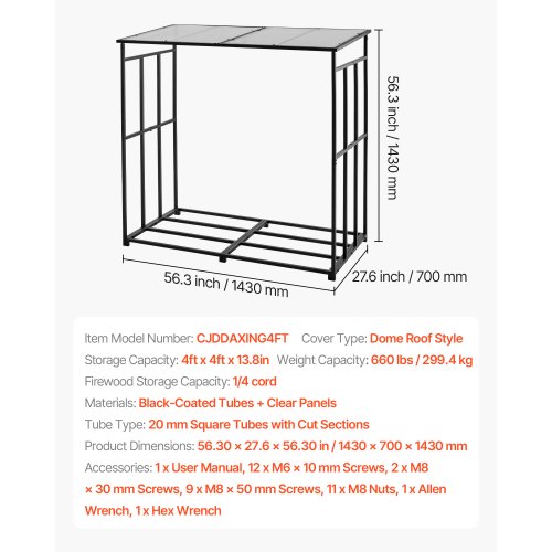Vedställ med sluttande tak, 143 cm vedhållare för utomhusbruk, vedskjul med 1/4-snöre, maxvikt 299 kg, pulverlackerat vedställ i metall för öppen spis, altan, trädgård |  EU