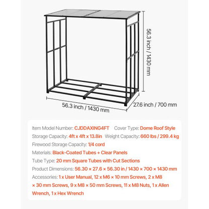 Vedställ med sluttande tak, 143 cm vedhållare för utomhusbruk, vedskjul med 1/4-snöre, maxvikt 299 kg, pulverlackerat vedställ i metall för öppen spis, altan, trädgård |  EU