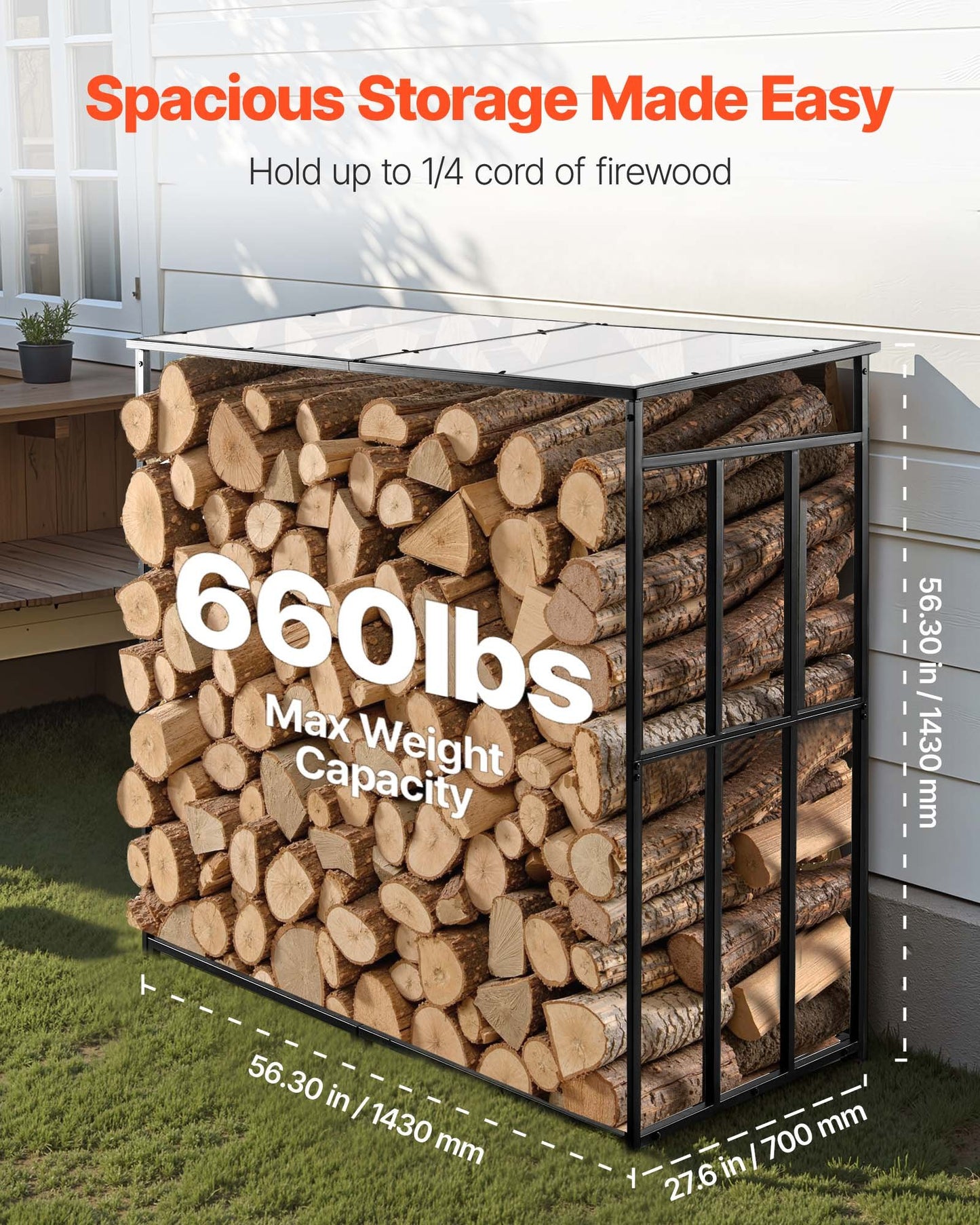 Firewood Rack with Sloped Roof, 4 ft Outdoor Firewood Holder, 1/4 Cord Log Storage Shed, 660lb Max Weight Capacity, Powder-Coated Metal Wood Storage Rack for Fireplace Deck Backyard Garden