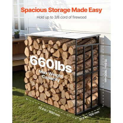 Vedställ med sluttande tak, 1,85 m vedhållare för utomhusbruk, vedskjul med 1/4-snöre, maxvikt 299 kg, pulverlackerat vedställ i metall för öppen spis, altan, trädgård |  EU